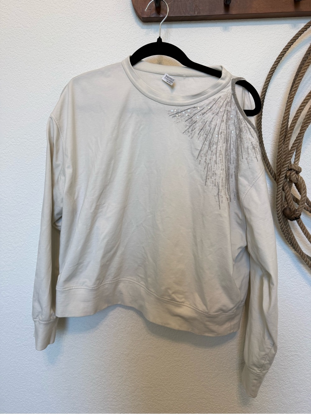 BRUNELLO CUCINELLI Cold Shoulder Embellished Sweatshirt Size L White Monili